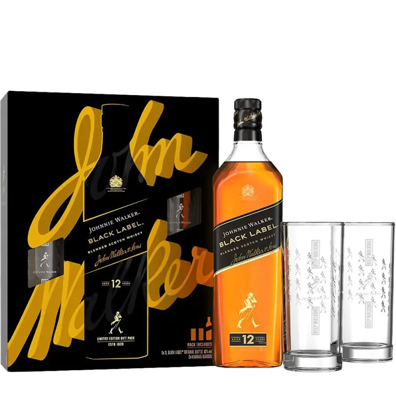 Coffret Johnnie Walker Black Label 12 ans + 2 verres - 70cl - 40°