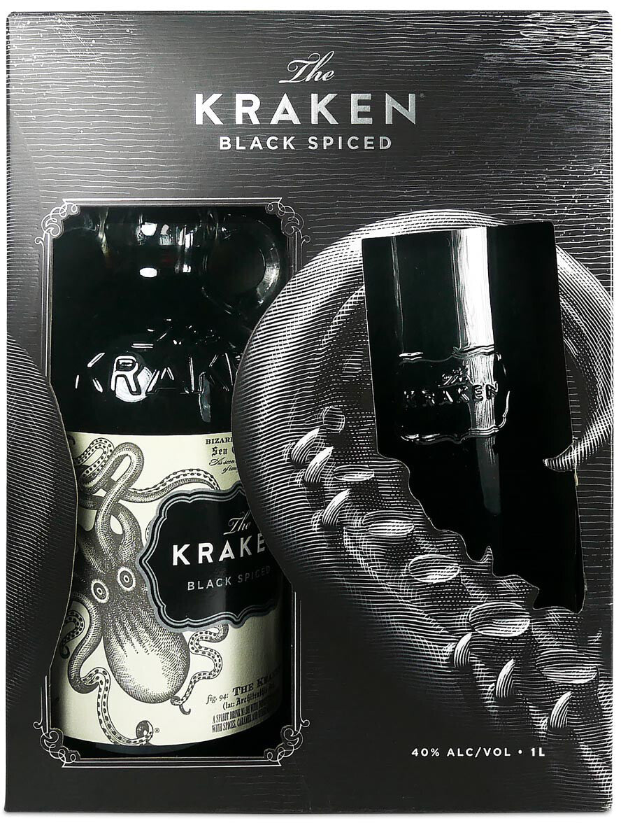 Coffret rhum Kraken Black Spiced 1 litre avec son verre assorti