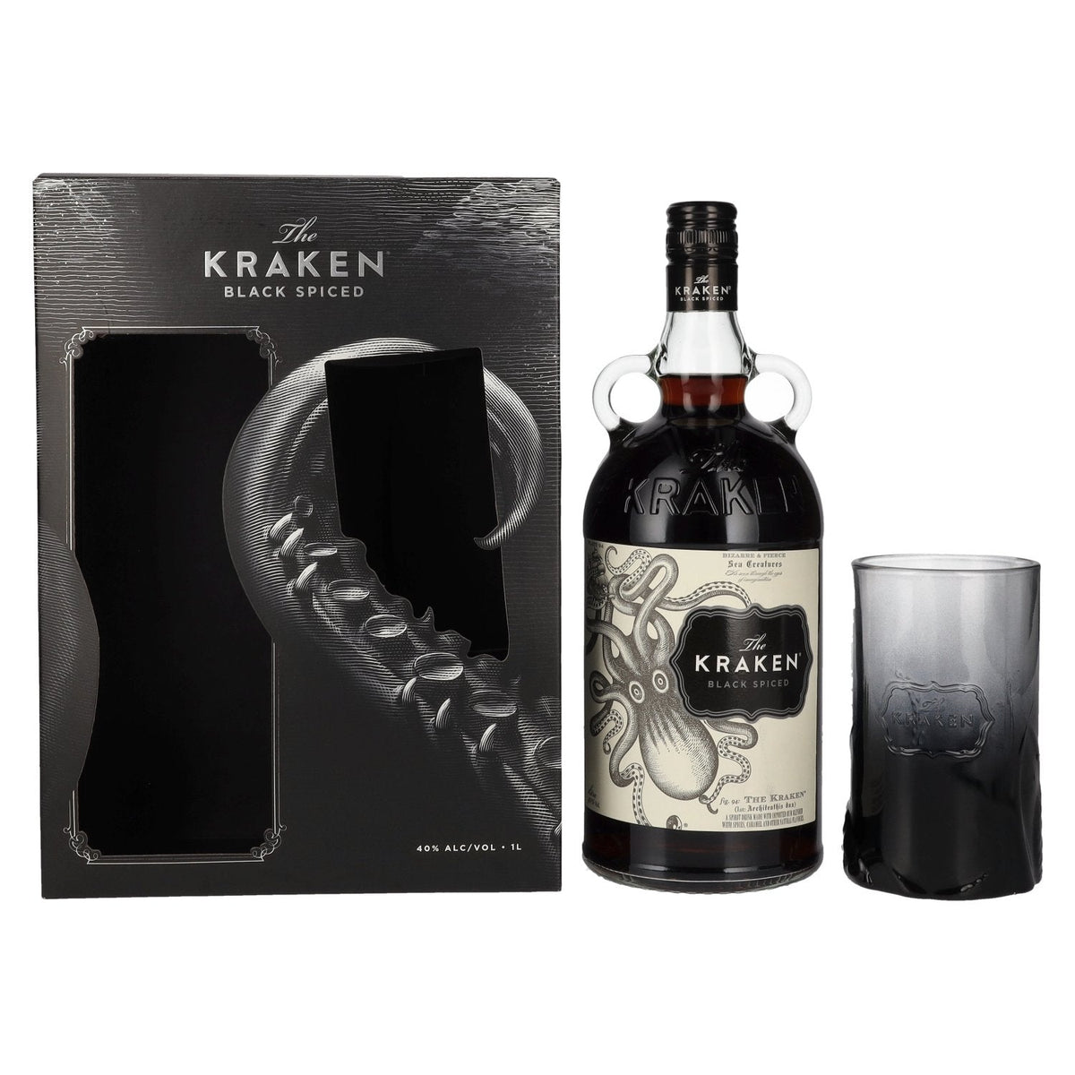 Coffret rhum Kraken Black Spiced 1 litre avec son verre assorti